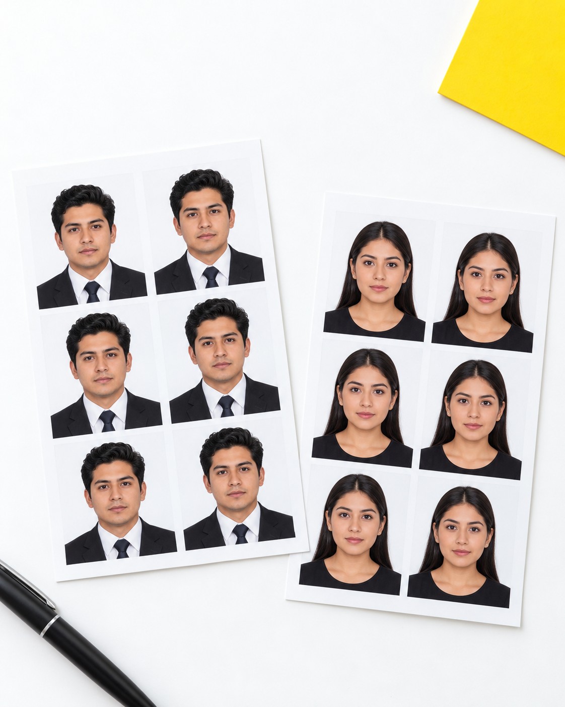 Ejemplos ilustrativos de retratos de identificación impresos sobre una mesa blanca