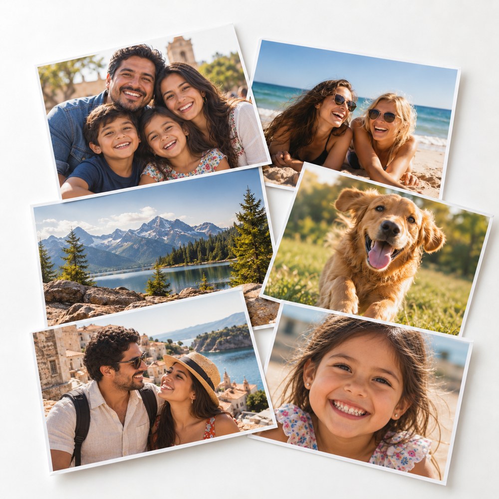 Impresiones de recuerdos familiares, amigas en la playa, viajes y una mascota